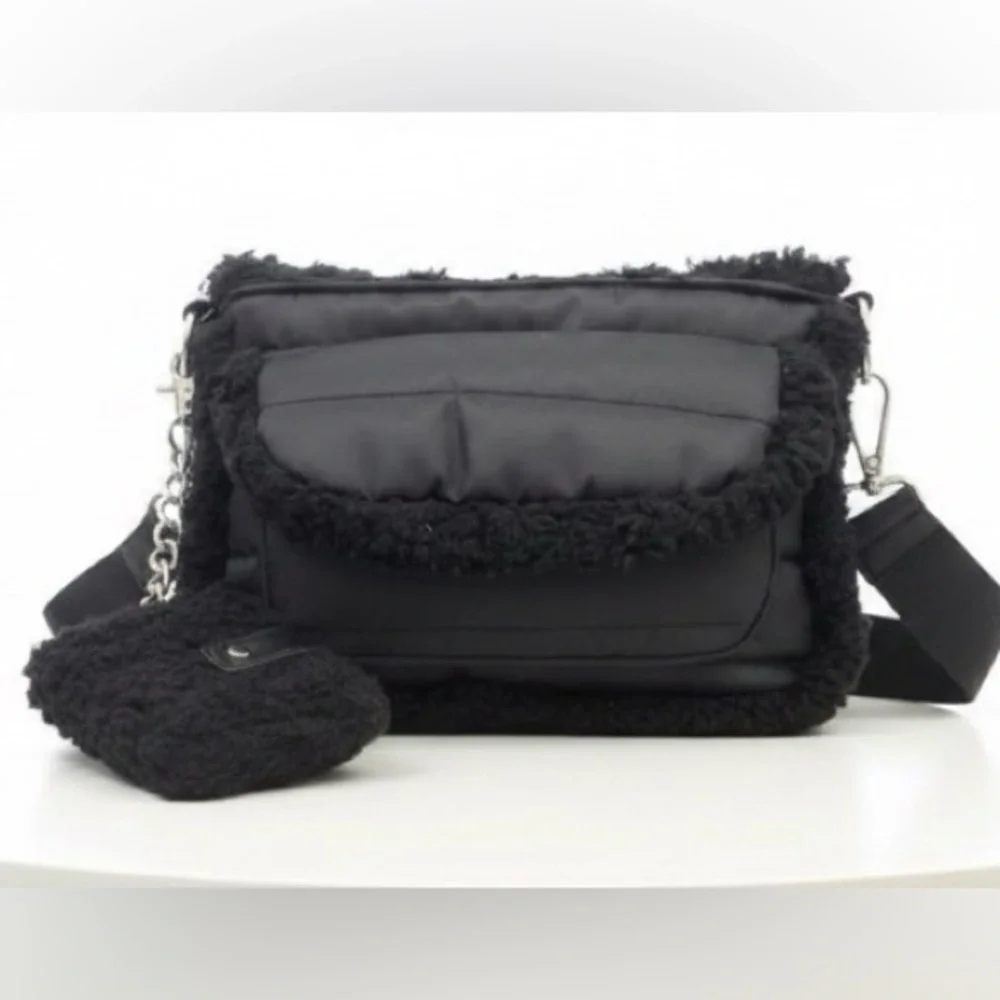 Aspen Quilted Nylon Black Faux Shearling Sherpa Crossbody Bag with Pouch Wallet